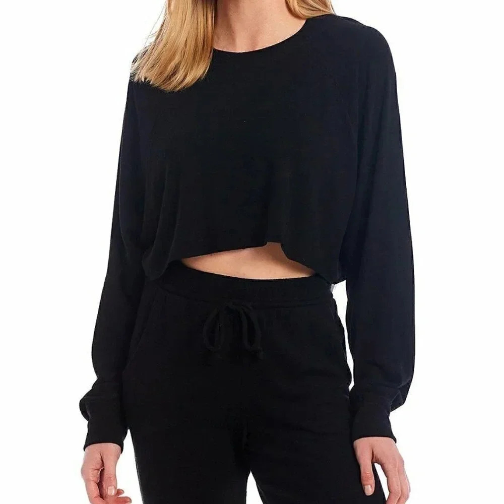 NIA Soft Long Sleeve Cropped Lounge Top Crewneck Tan Size Small Athleisure